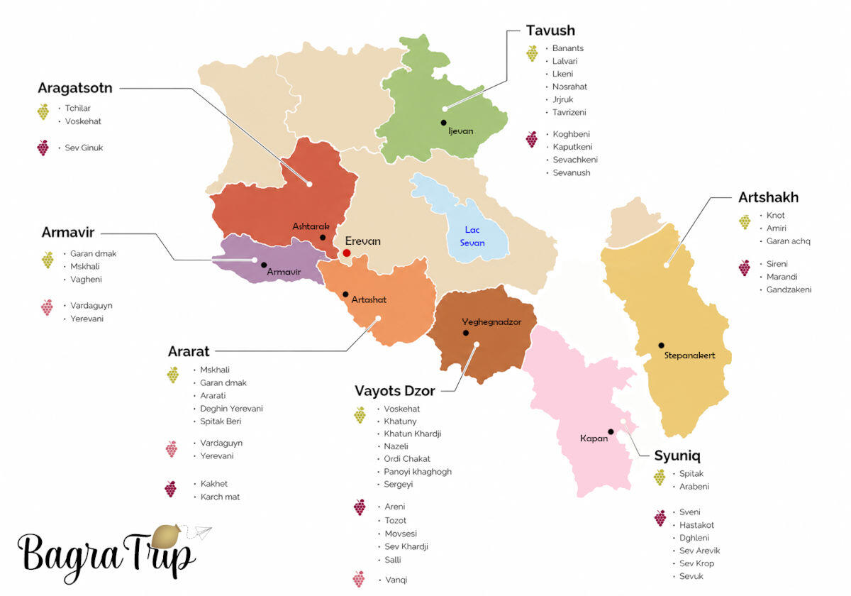 Carte des régions viticoles de l'Arménie